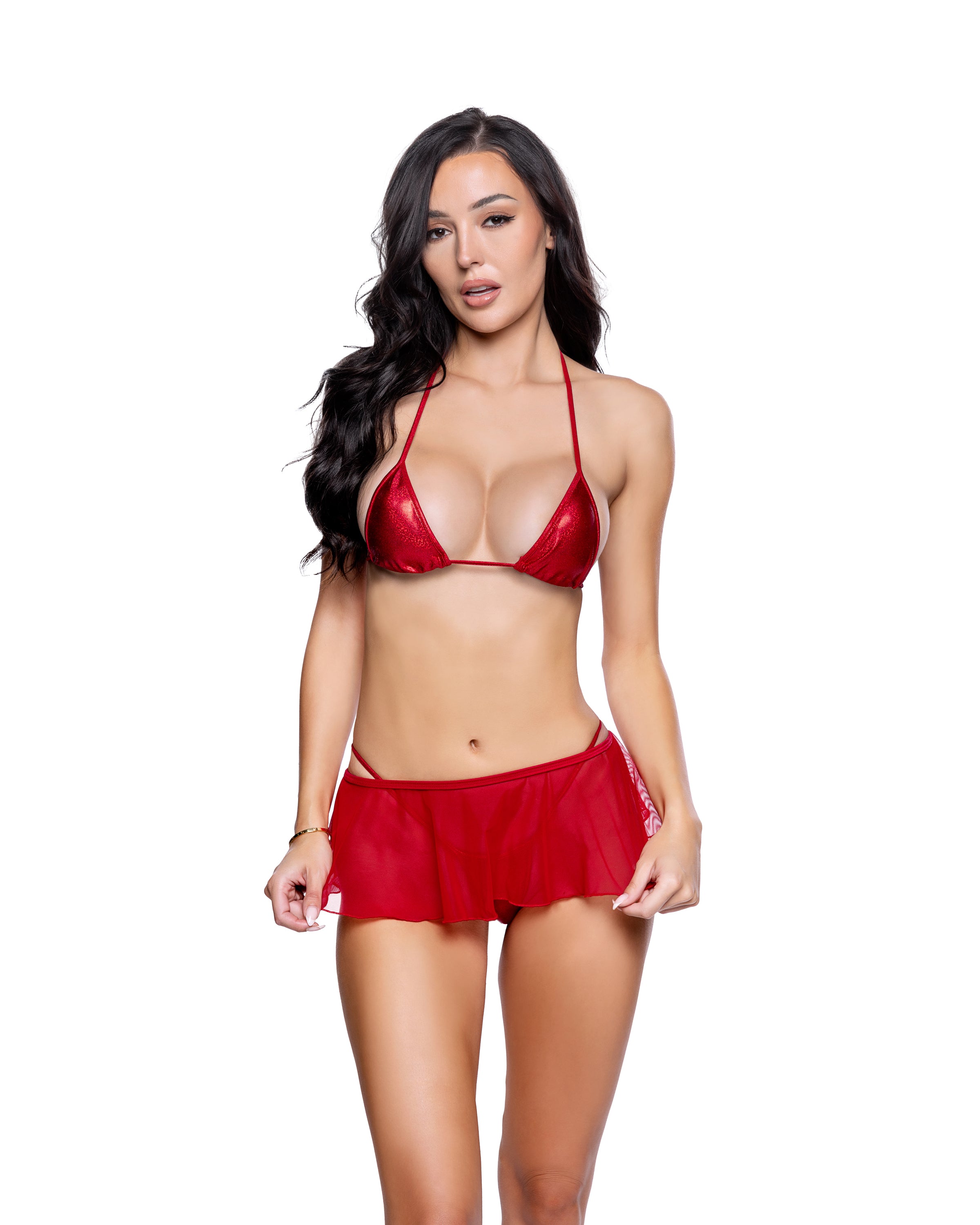 Red sheer mesh flutter skirt cover up, view 2